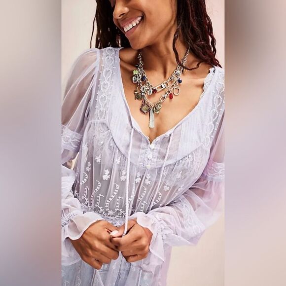 Free People Stevie Embroidered Mesh & Lace Maxi Dress in Lavender Blue - Picture 4 of 9